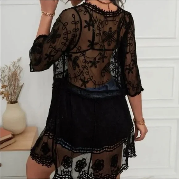Bohemian Embroidered Floral Lace Sheer Mesh Top Swimsuit Coverup - Picture 2 of 8